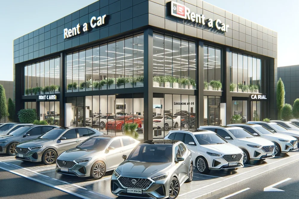 DALL·E 2024-05-29 17.19.46 - A hyper-realistic image of the exterior of a car rental office. The building has a modern design with large glass windows and a sleek facade. There ar